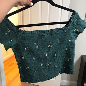 smocked off the shoulder crop top! forest green